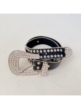 Y2K Western Leather Rhinestone Studded Belt Black Bling Horseshoe Buckle Boho Ro